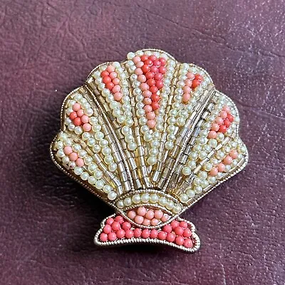 Vintage Signed Liz Claiborne Scallop Shell Faux Pearl Coral Brooch Pin • $3