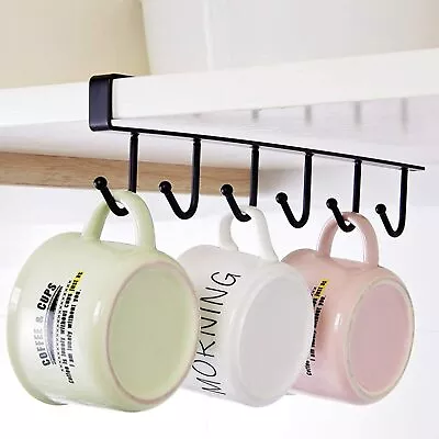 6 Hooks Mug Cup Rack Holder Under Shelf Kitchen Cabinet Hanger Organiser Black • $5.79