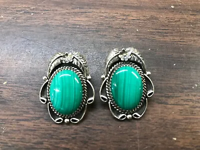 Sterling Silver And Malachite Leaf Earrings • $25