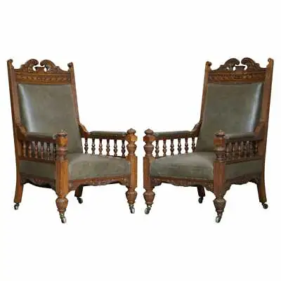 Antique Pair Of Ornately Carved Oak Framed Leather Victorian Throne Armchairs • £5500