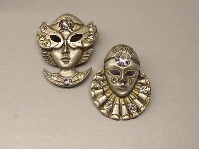 Vintage Silver Pewter Cubic Zirconia Venetian Mask Masquerade Brooch Pins X2 • £15