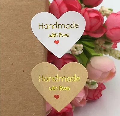 Heart Paper Labels Wedding 'Hand Made With Love' Gift Food Kraft Craft Stickers • £1.25