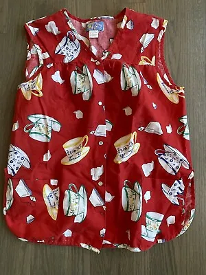 Moon Dance Womens Vintage Work Art Smock Apron Cover Snap Red Tea Cup Print Sz M • $15