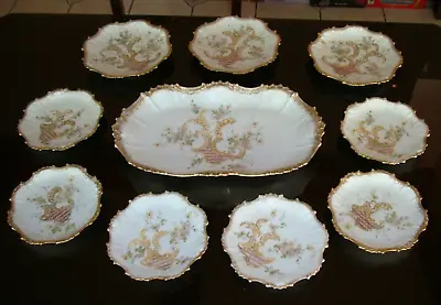 Limoges Ls&s Hand Painted Dessert Set Platter  & 9 Plates Floral Mosaic & Gold • $199