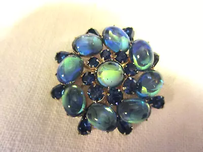 VTG Blue /Green Rhinestone Oval Cabachon Brooch Gold Tone Riveted APR24-25 • $20