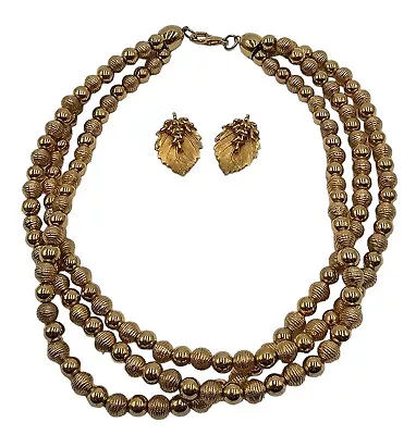 Vintage BSK Clip Earrings Gold Tone With Unsigned Beaded Necklace 17  • $24.95