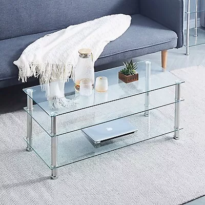 3 Tiers Clear Tempered Glass Coffee Table With Storage Shelves Stainless Steel • £59.99