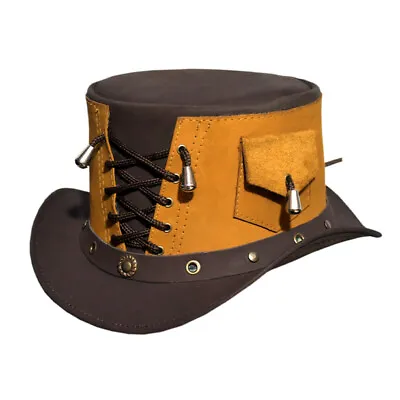 Steampunk Top Hat Leather Brown Vest Style Hat Motorcycle Biker Leather Top Hat • $36.69