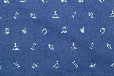 PRINTED Cotton Denim Fabric Material - BLUE COWBOYS AND INDIANS • £3.19