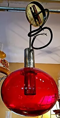 Vintage MCM Hand Blown Red Glass Globe Pendant Lamp With Stainless Insert • $170