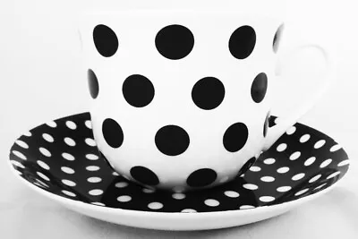 Black Dots Spots Jumbo Large 15oz Fine Bone China Cup Saucer Breakfast Decor UK • £19.20