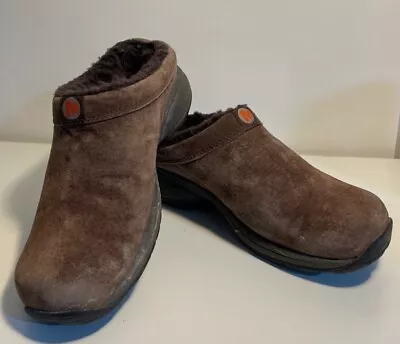 Merrell Womens Primo Chill Slide Mules Shoes Brown Suede Faux Fur Lined Low 7.5 • $19.95