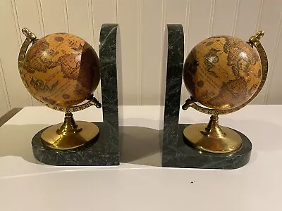 Vintage Globe Bookends Green Marble Set Of 2 Library Office Study Den • $60