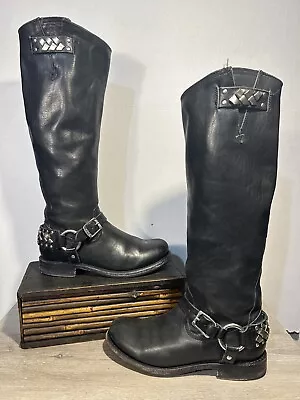 Frye Boots Women's 6 Black 76567 Jenna Chain Tall Leather Biker Motorcycle • $98.54