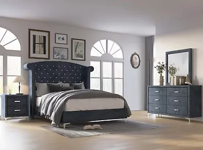 NEW Gray Velvet 4PC Queen King Modern Unique Crystal Tufted Bedroom Set B/D/M/N • $1568.99