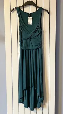 H&M Dark Green Draped / Wrap Dip Hem Jersey Summer Dress Size XS • £10.99