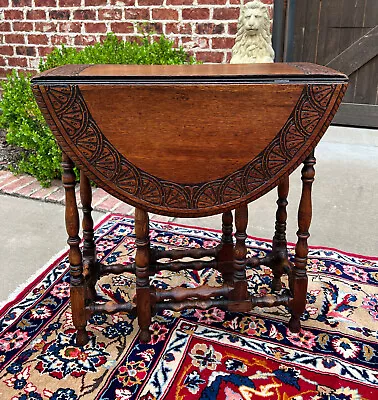 Antique English Table Drop Leaf Gateleg Turned Post Carved Top Oak Oval • $1275