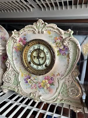 OLD ANTIQUE ANSONIA Porcelain China ROYAL BONN Mantel Shelf Clock LARGE FLORAL • $395