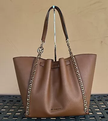 Michael Kors Mina Large Belted Chain Tote Shoulder Bag Brown Luggage • $148.80