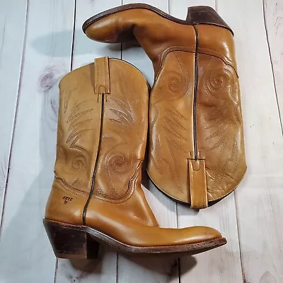 Frye Cowboy Boots Mens 9D Tan Leather Western Pull On Vintage Made In USA • $87.49