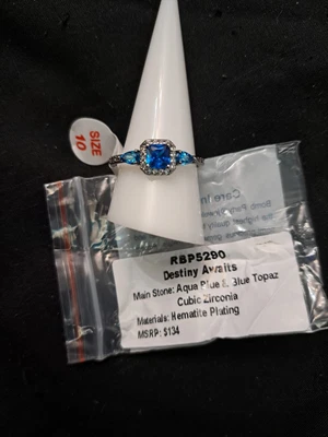 $30 • Buy Bomb Party Ring Size 10 Rbp5290 Aqua & Blue Topaz CZ On Hematite Plating 