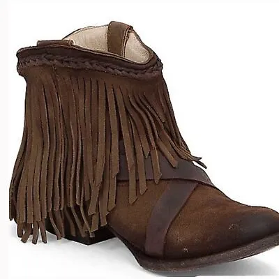 Freebird Brown Leather Dallas Short Fringe Western Harness Strappy Boot • $95