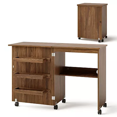 Folding Sewing Craft Table Shelves Storage Cabinet Home Furniture W/Wheels Brown • $99.99