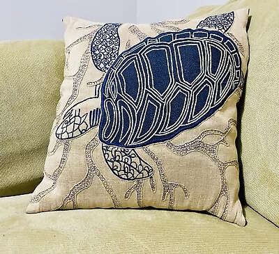 THRO Embroidered Jute Timmy Turtle Throw Pillow Décor Marlo Lorenz India 16”x16” • $24.99