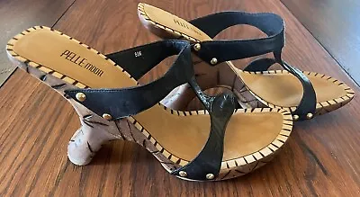 Pelle Moda Vegan Black Leather Strap Mule Sculpted Faux Wood Heel Sandals Sz 8.5 • $24.99