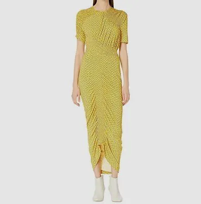 $855 Preen By Thornton Bregazzi Women's Yellow Ruched Hi-Lo A-Line Dress Size L • $273.98