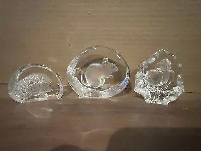 Lot Of 3 Signed Mats Jonasson Mouse/Eagle/H H Lead Crystal Paperweight Sculpture • $115