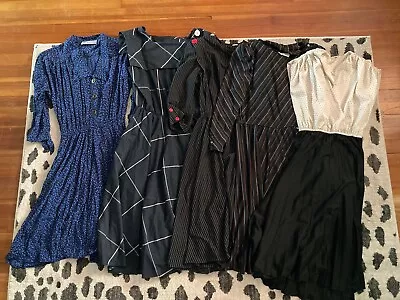 VINTAGE 80s 5 DRESS LOT RAYON POLY DOTS STRIPES GRID CHECK FLORAL PATTERNS SM • $65