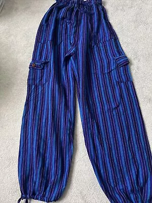 Hippy Boho Baggy Cotton Cargo Trousers PURPLE Stripes Relaxed XL Extra Large • £18