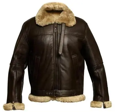 Men RAF B3 Aviator Pilot Bomber Fur Shearling Sheepskin Leather Brown Jacket • $89.94