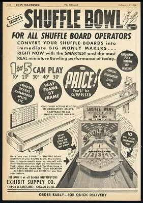 1950 Exhibit Shuffle Bowl Coin-op Shuffleboard Game Machine Photo Trade Ad • $9.99