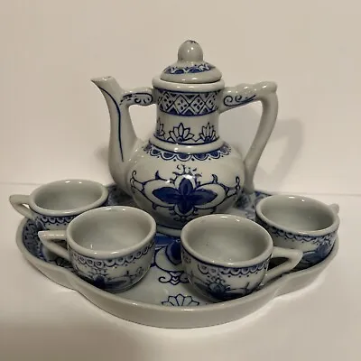 Vintage Miniature Tea Set Blue And White Porcelain Teapot 4 Cups Tray • $29