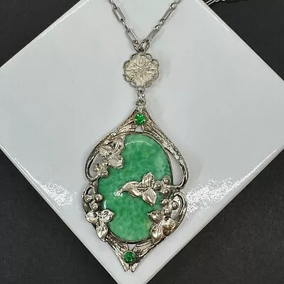 Vintage Art Nouveau Deco Silver Peking Glass Pendant Necklace • $9.99