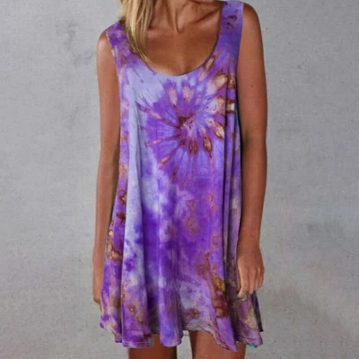 $0.99 • Buy Women Summer Loose Sleeveless Tie-dye Print Dress Casual O Neck Beach Sundress