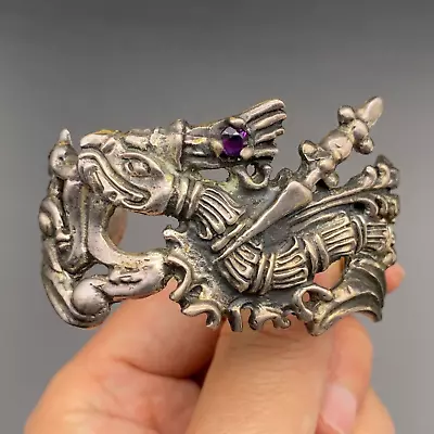 Vintage Mexico Dragon Amethyst Sterling Silver Bracelet Cuff Small 6-1/4  • $660