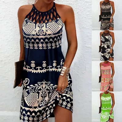 Plus Size Womens Boho Summer Beach Dress Holiday Hollow Halter Neck Mini Dresses • £11.29