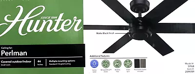 Hunter Perlman 44-in Matte Black Indoor/Outdoor Ceiling Fan (6-Blade) 51168 • $69.95