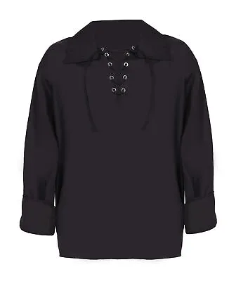 Black Vintage Lace Up Shirt Mens Fancy Dress Tudor Medieval Pirate Renaissance • £13.99