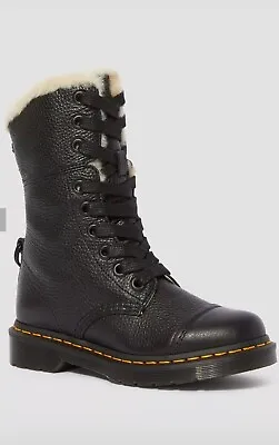 Dr. Doc Marten Aimilita Leather Combat Biker Boots Faux Fur Sz 9 • $189.95