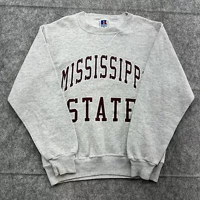 VTG Mississippi State Bulldogs Sweater Mens S Gray Pullover Russell USA 90s • $34.95