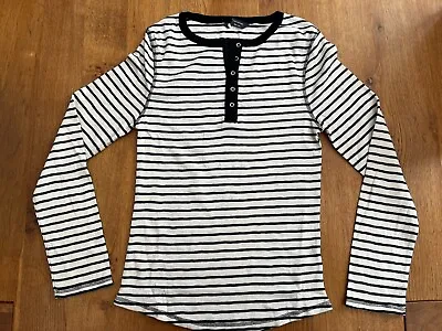Ex-M & S Cream/Black Striped 100% Cotton Jersey Long Sleeved Henley Top - BNWOT • £10.99