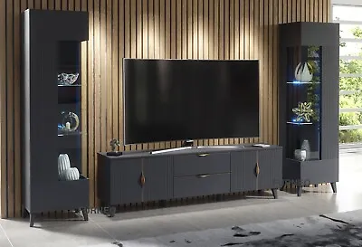 TV Unit Grey Living Room Set Stand Display Cabinets Cupboards LED Lights Azzurro • £229.90