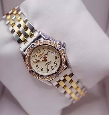 Breitling Callistino 28m White Dial Custom Diamond Bezel Two Tone 18kt Gold Band • $3499