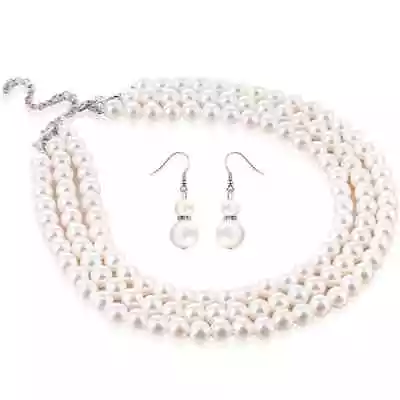 Hicarer Round Imitation Multi Strand Pearl Necklace With Earrings • £8