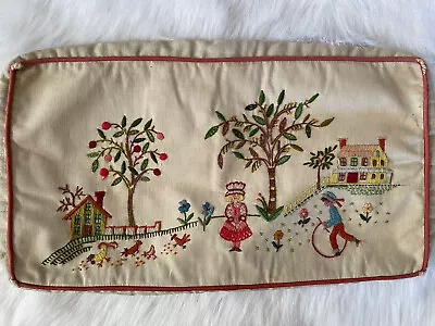 Vintage Hand Embroidered Pillow Cover Rectangle Throw Pillow Zip Country Scene • $29.99