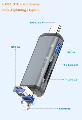 USb+Lightning+Type-C 6IN1 OTG Card Reader For Type-c/iPhone/iPad/PC • £6.98